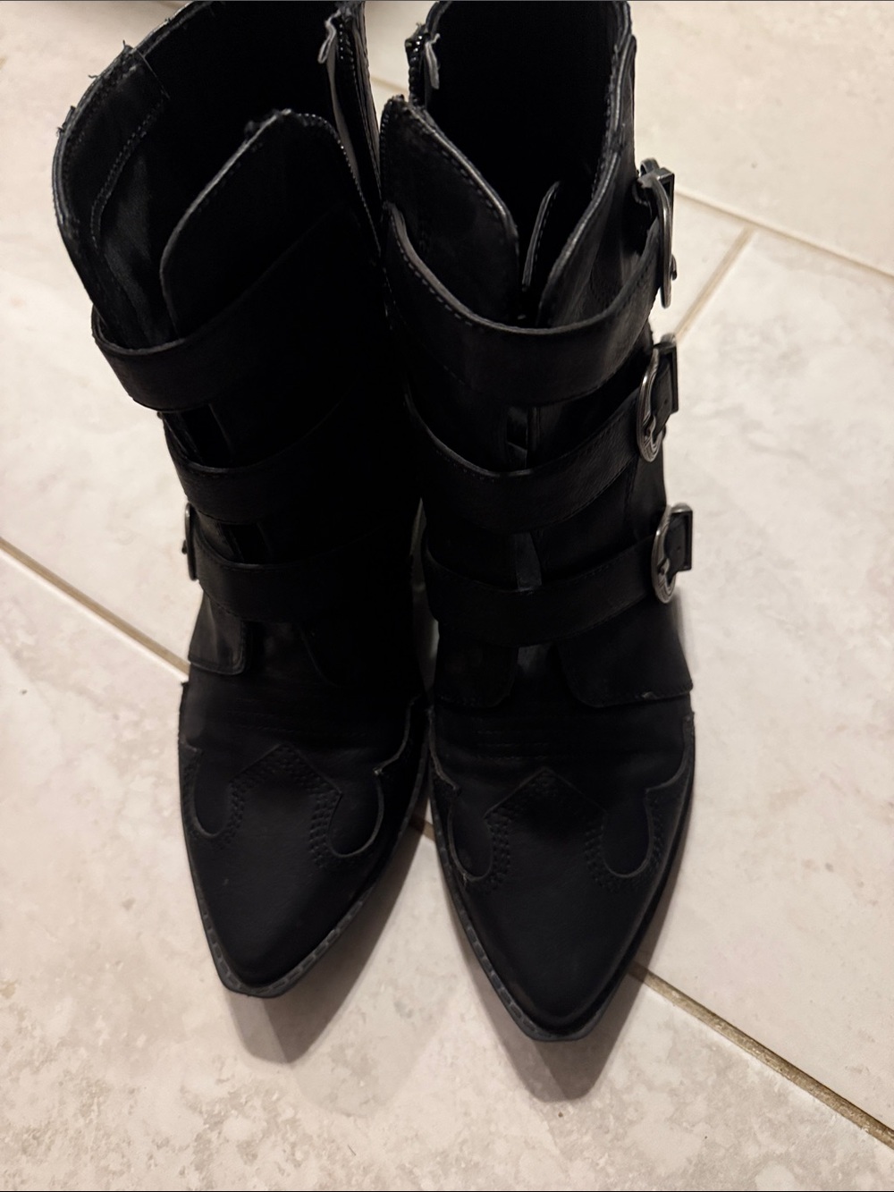 Indigo Pointed Toe Black Buckle Boots for Women